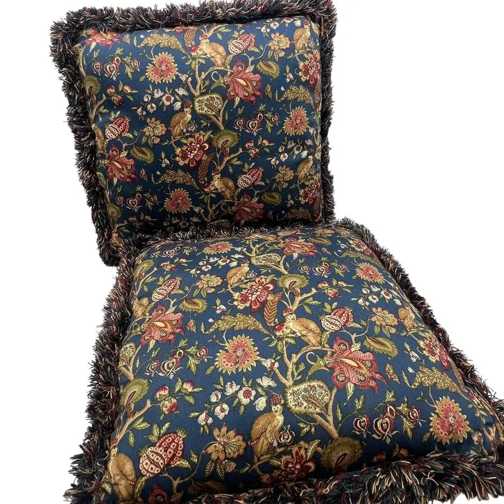 Navy Red Gold Floral Monkey Accent Pillows Fringe Square 14